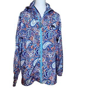 Simply Southern Rain Jacket Blue Paisley Size Large EUC Zipper Hood Colorful